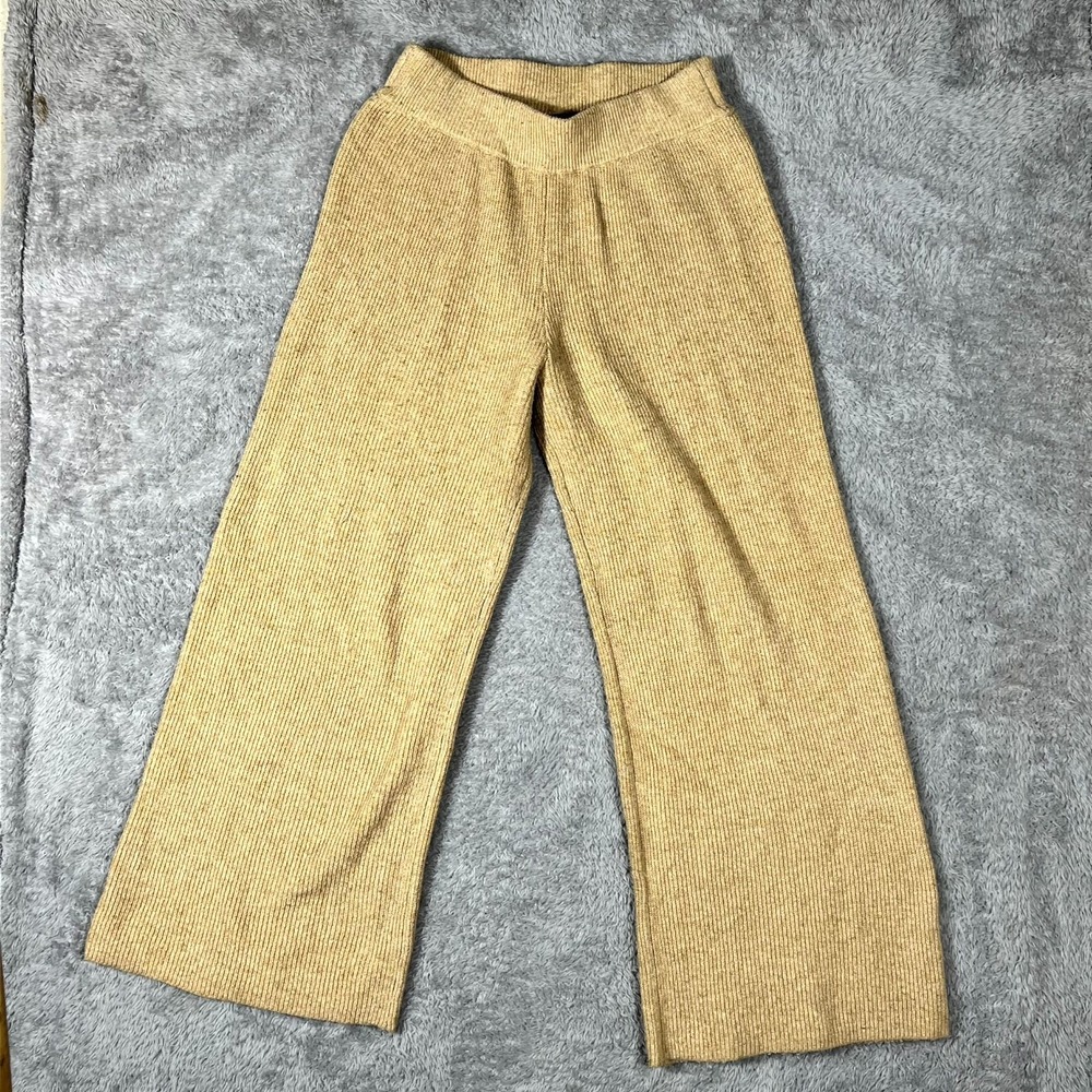 Express Lounge Pants Womens Medium Tan‎ Ribbed Knit Wide Leg Pull On Comfort